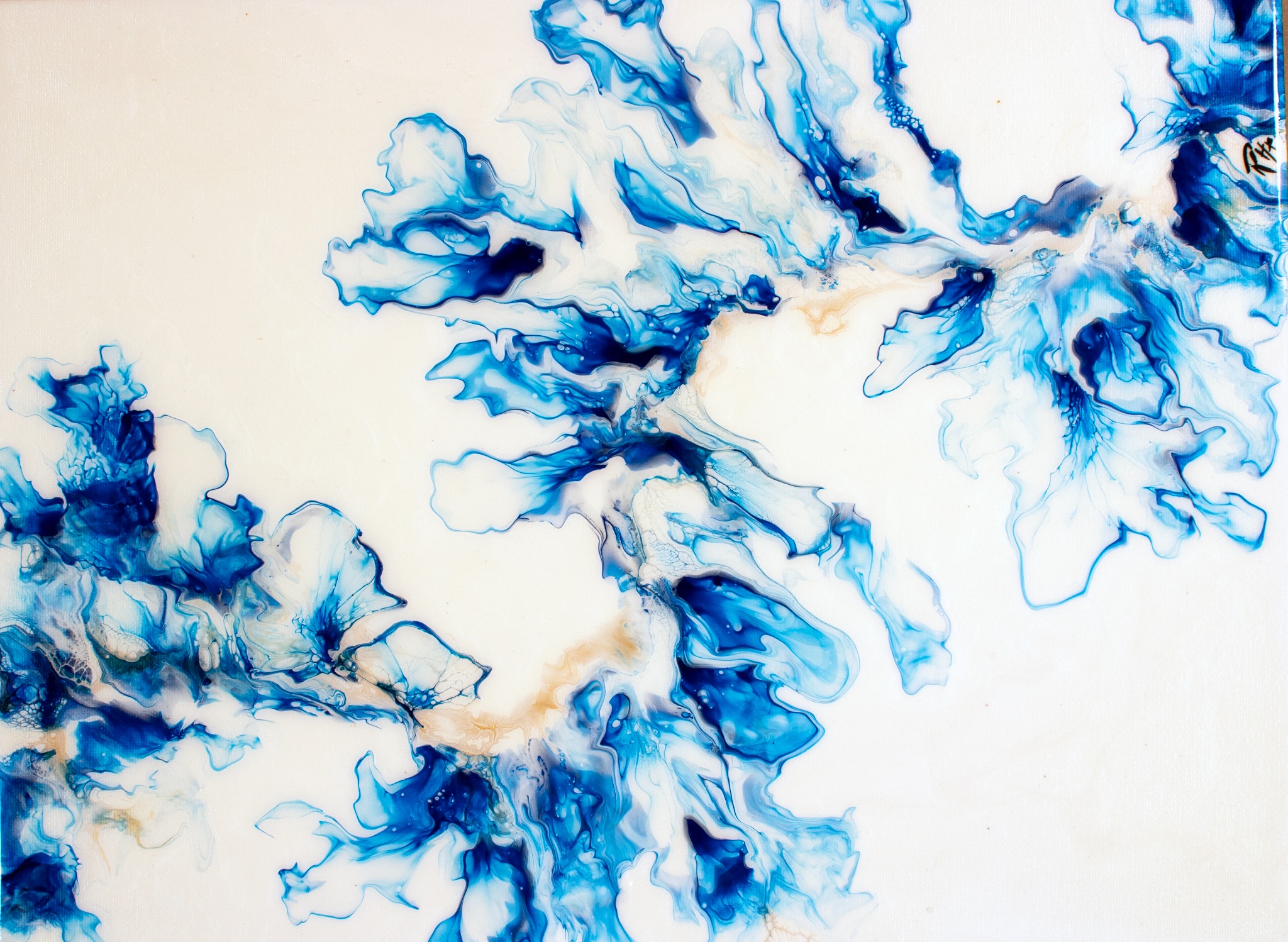 Blue Petals — 24 × 18 — Resin & Ink
